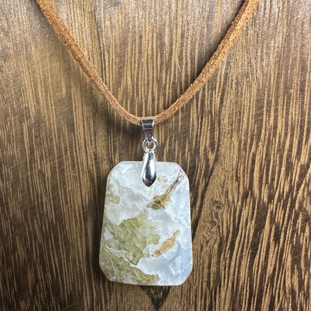 Moss Agate Pendant Necklace on Brown Faux Suede - Picture 3 of 8